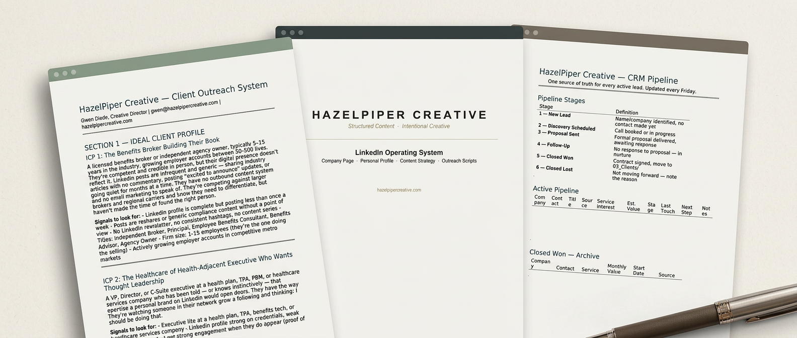 Marketing operations composite showing CRM, editorial, and outreach artifacts