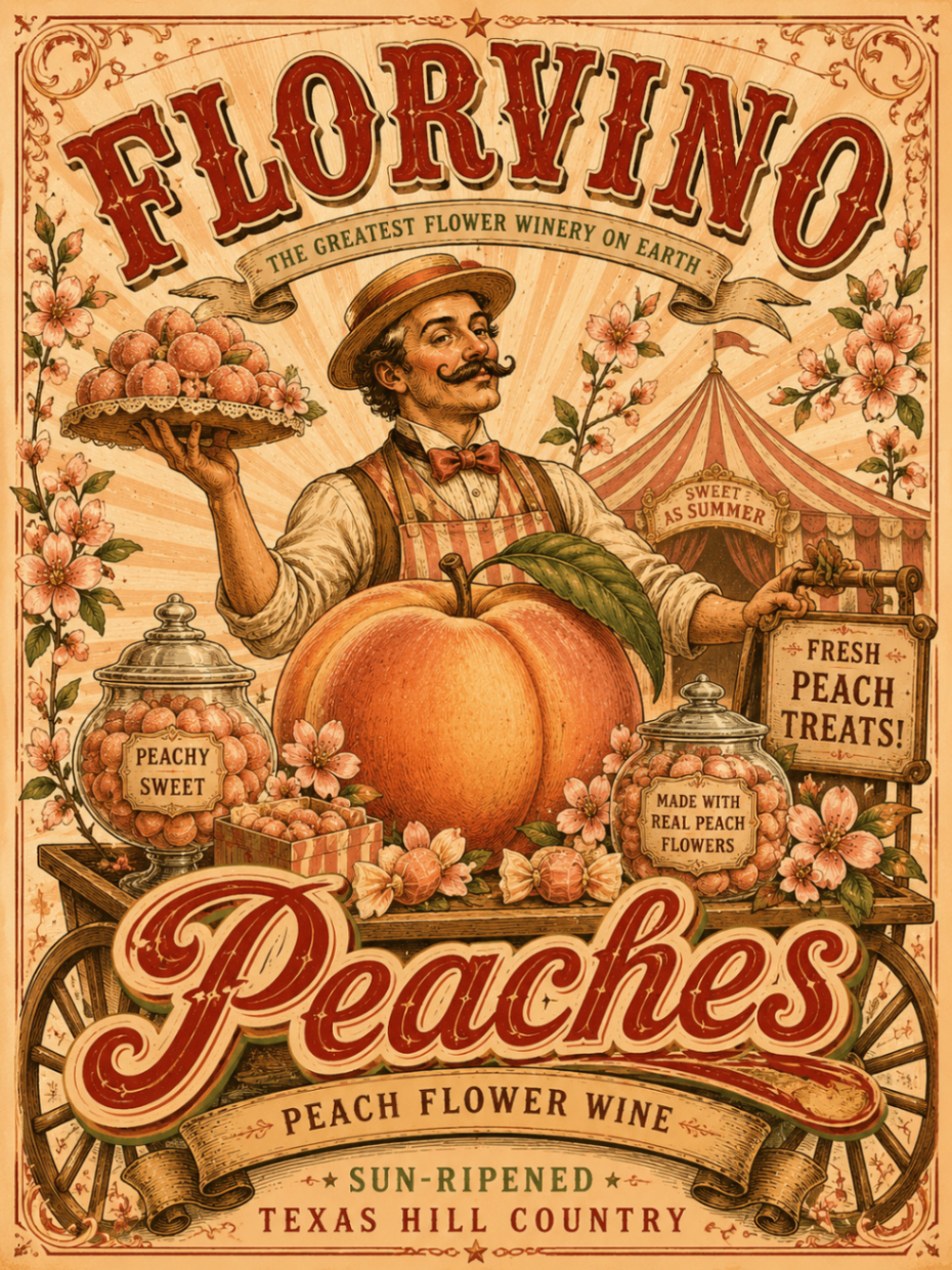 FlorVino Peaches poster featuring peach-forward seasonal campaign artwork