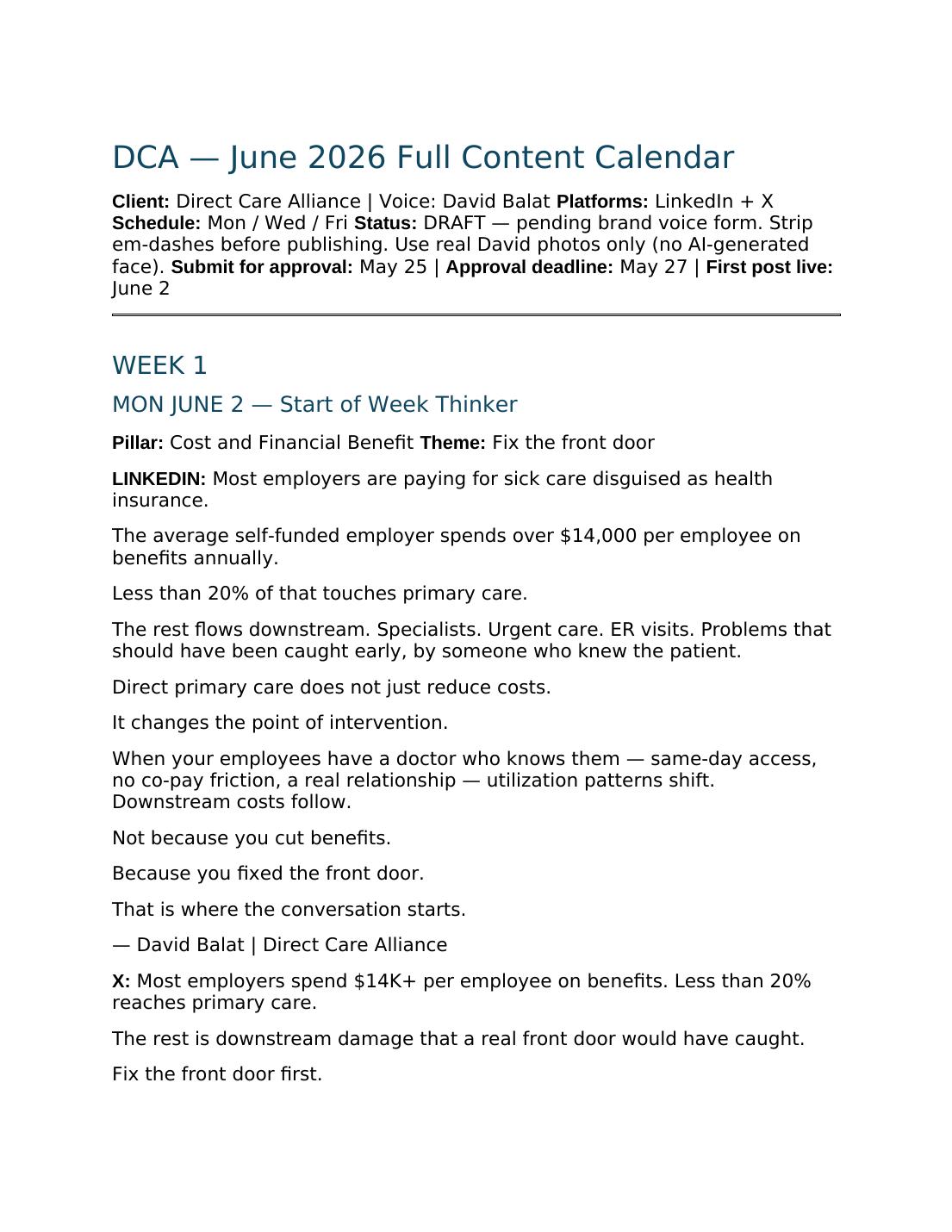 Monthly content calendar — themes and posts