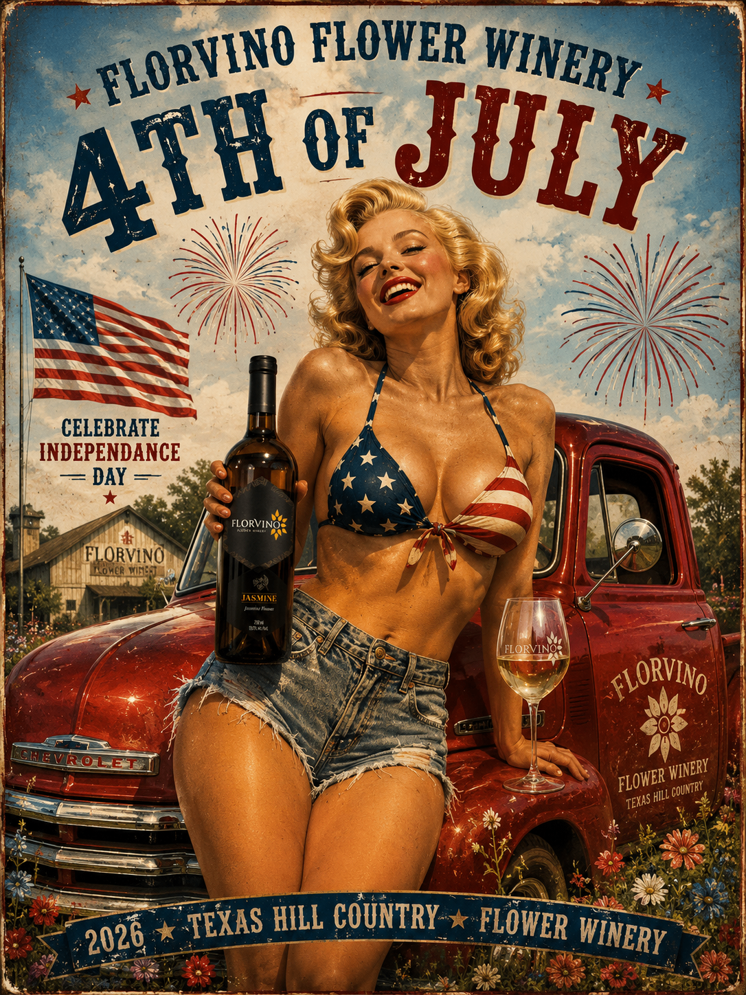 FlorVino 4th of July campaign poster showing seasonal promotional creative