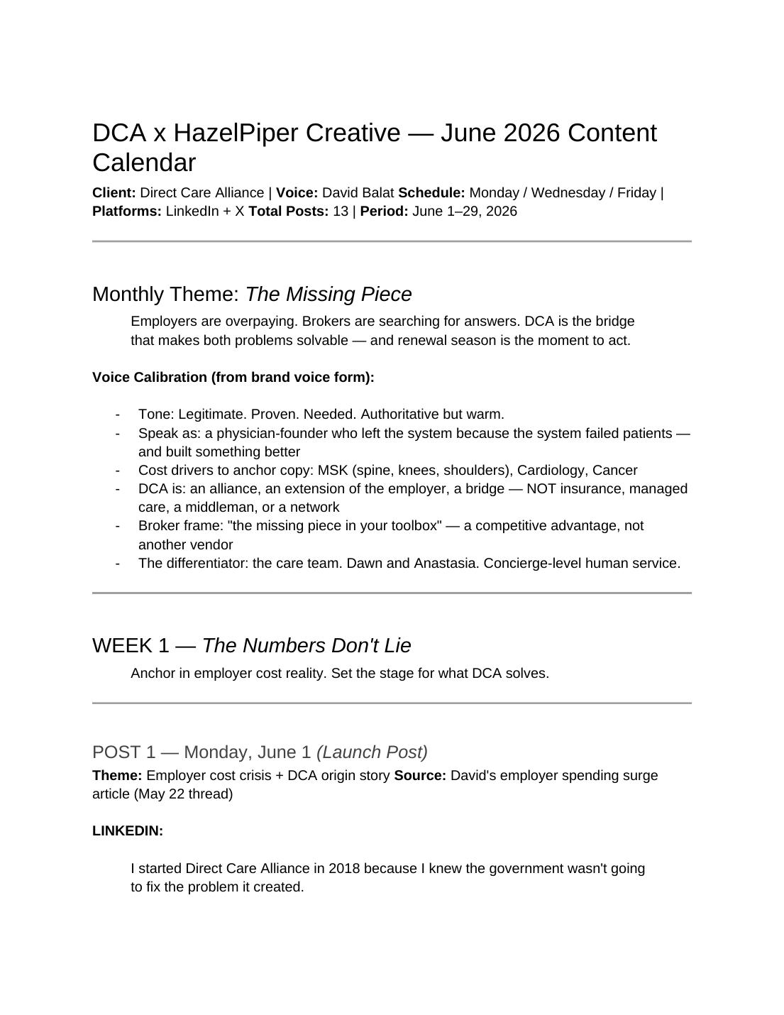 DCA June 2026 editorial content calendar