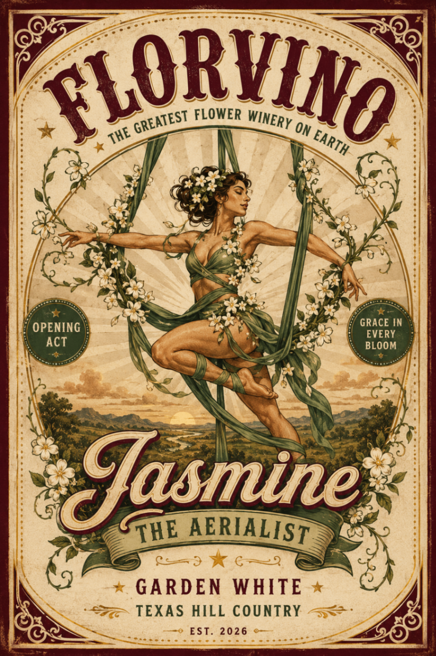FlorVino Jasmine poster with aerialist-inspired varietal artwork