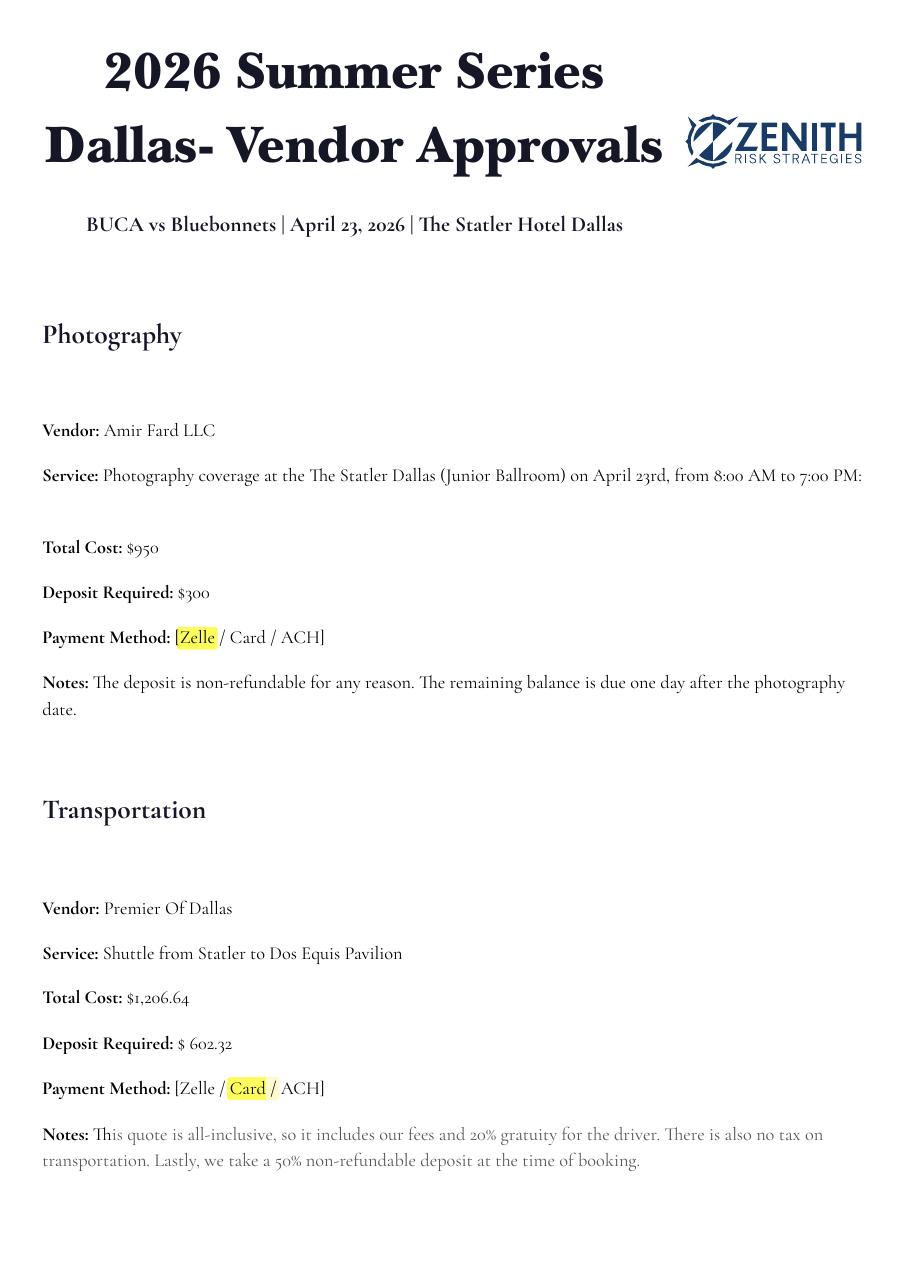 2026 Summer Series Dallas vendor approvals document with Zenith branding