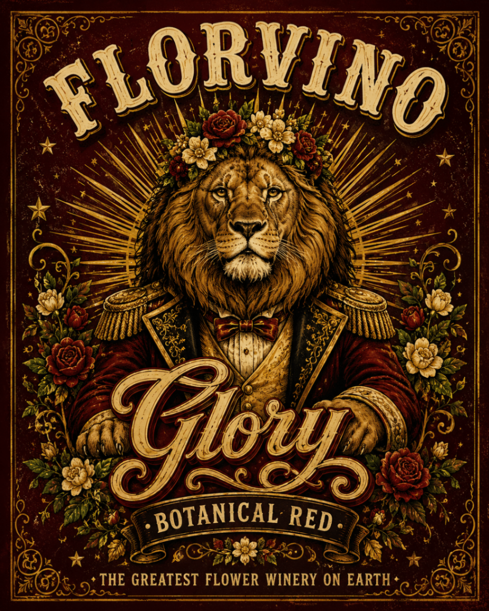 FlorVino Glory botanical red poster with illustrated lion artwork