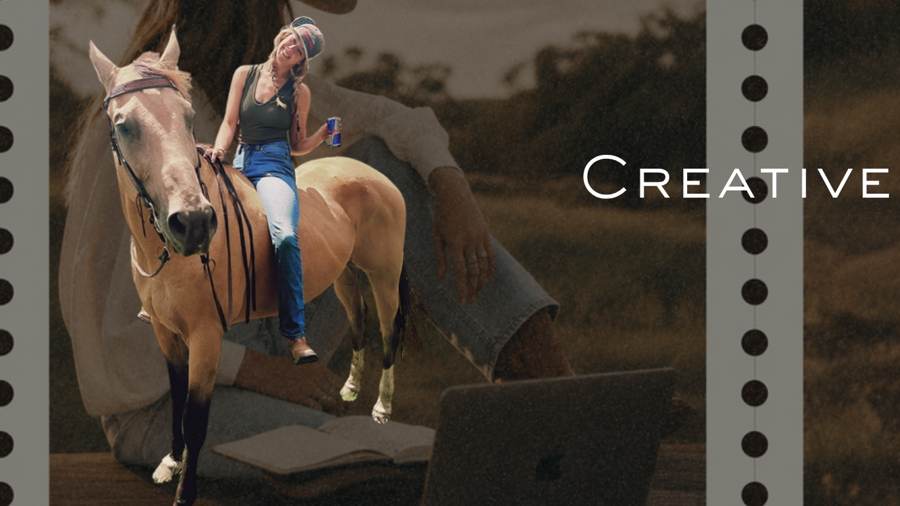 A page from Gwen's creative portfolio, Gwen on horseback over a laptop